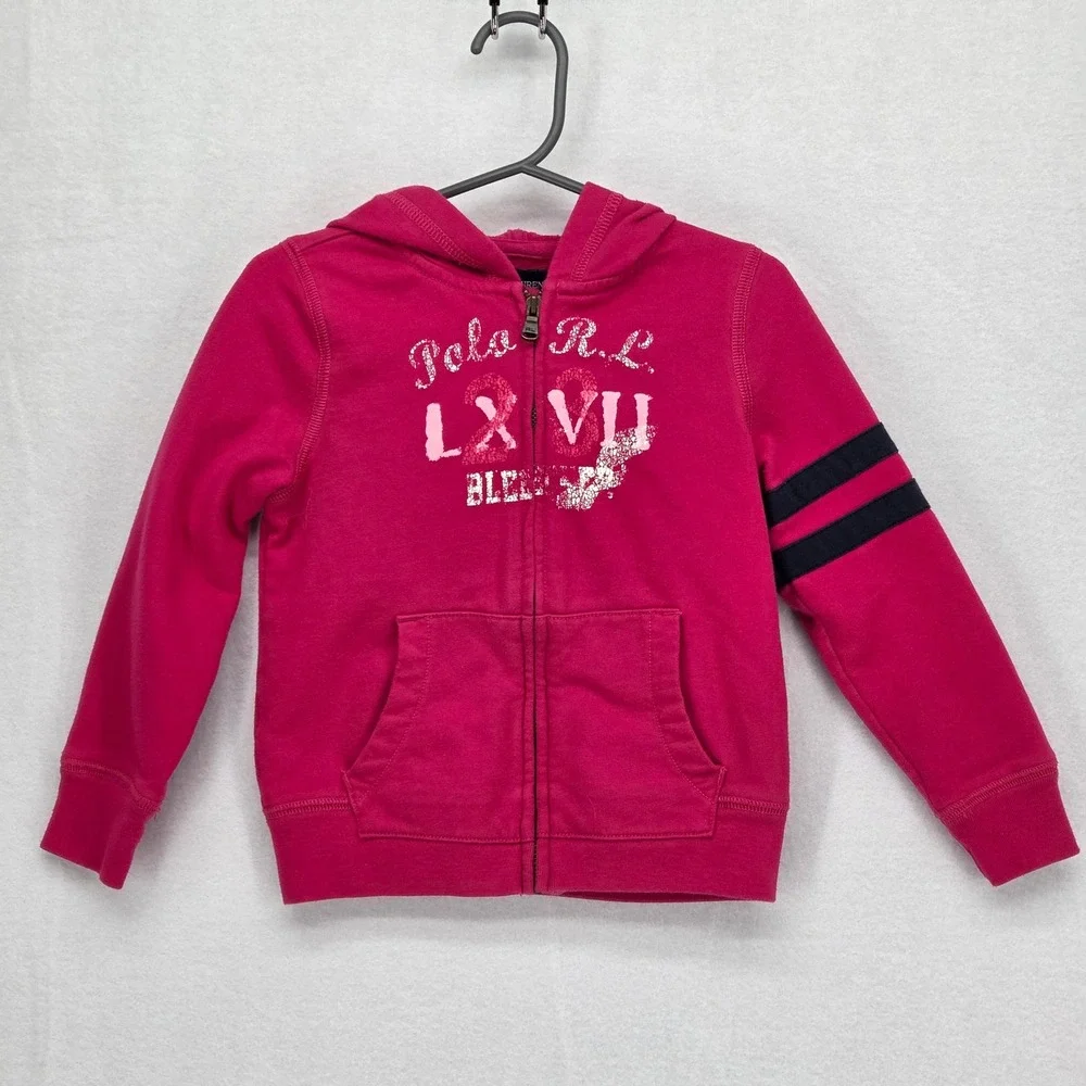 Ralph Lauren Girls 4T Zip Up Hoodie‎ Pink Graphic Sweatshirt Sleeve Stripes